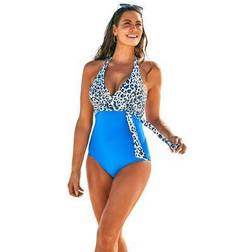 Swimsuits For All Plus Women's Faux Wrap Halter One Piece in Blue Animal Size 18