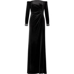 Adrianna Papell Velvet Off the Shoulder with Hand Beaded Cuff Gown - Black