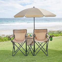 Brylanehome twin folding picnic chairs with umbrella & cooler, taupe