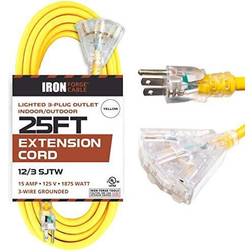 25 foot lighted outdoor extension cord with 3 electrical power outlets yellow