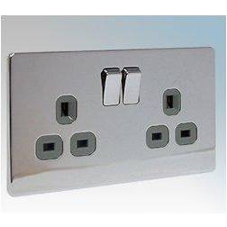 BG Flatplate Screwless 2 Gang 13A Switched Socket Chrome Grey Inserts