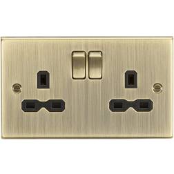 Knightsbridge 13A 2G Switched Socket with Black Insert Square Edge Antique Brass