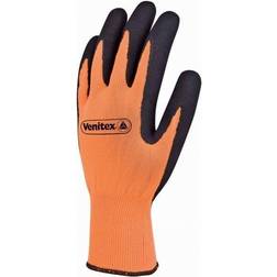 Deltaplus VV733OR07 Strickhandschuh Polyester Latex-Schaumstoff Beschichtung Auf Handfläche, Neonorange-Schwarz, Größe 07