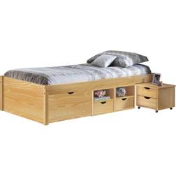Inter Link Cama Con Almacenaje Y Mesita De Noche Con Ruedas En Pino Macizo Acabado Natural