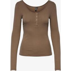 Pieces Kitte Button Front Ribbed Top - Brown