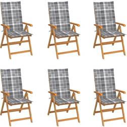 vidaXL Lot de 6 Chaises de Jardin avec Coussins, Sièges de Terrasse, Carreaux Gris Bois Teck