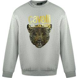 Roberto Cavalli Men's Class Leopard Print Logo Grey Jumper - Grey