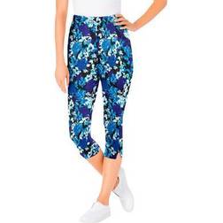 Woman Within Stretch Cotton Printed Capri Legging - Black Watercolor Flowers