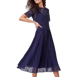 Roman Lace Top Overlay Pleated Midi Dress - Navy