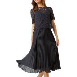 Roman Lace Top Overlay Pleated Midi Dress - Black