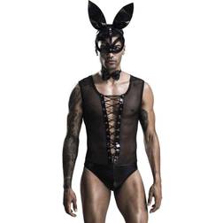 Herrenkostüm-Body Bunny aus feinem Netzmaterial mit Wetlook- und Kunstleder