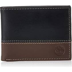 Timberland Men's Leather Passcase Trifold Wallet Hybrid, Black/Cognac, One