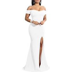 YMDUCH Women's Off Shoulder High Split Evening Gown - White