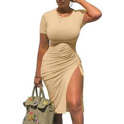 Gokatosau Women's Sexy Bodycon Midi Dress - Camel