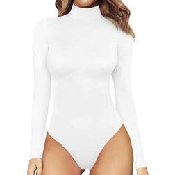 Mangopop Women's Mock Turtle Neck Long Sleeve Tops Bodysuit - White