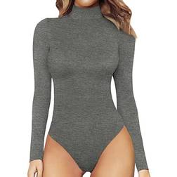 Mangopop Women's Mock Turtle Neck Long Sleeve Tops Bodysuit - Dark Heather Grey