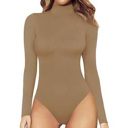 Mangopop Women's Mock Turtle Neck Long Sleeve Tops Bodysuit - Tan