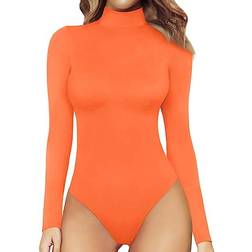 Mangopop Women's Mock Turtle Neck Long Sleeve Tops Bodysuit - Orange