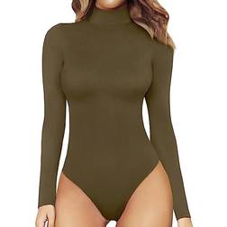 Mangopop Women's Mock Turtle Neck Long Sleeve Tops Bodysuit - Army Green