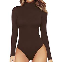 Mangopop Women's Mock Turtle Neck Long Sleeve Tops Bodysuit - Coffee