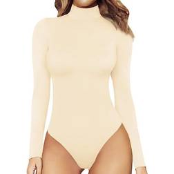 Mangopop Women's Mock Turtle Neck Long Sleeve Tops Bodysuit - Beige