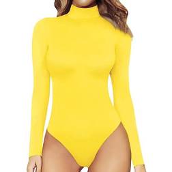 Mangopop Women's Mock Turtle Neck Long Sleeve Tops Bodysuit - Yellow