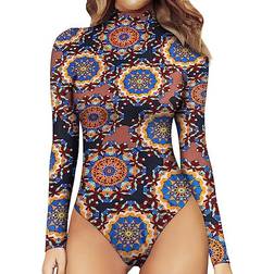 Mangopop Women's Mock Turtle Neck Long Sleeve Tops Bodysuit - Mandala