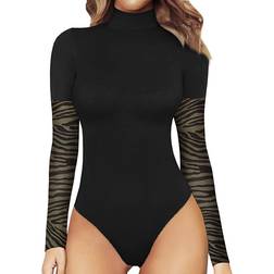 Mangopop Women's Mock Turtle Neck Long Sleeve Tops Bodysuit - Patchwork Mesh Sleeve