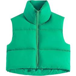 Fuinloth Women's High Stand Collar Lightweight Zip Crop Puffer Gilet - Bright Green