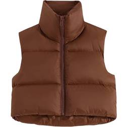 Fuinloth Women's High Stand Collar Lightweight Zip Crop Puffer Gilet - Brown