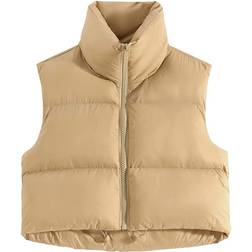 Fuinloth Women's High Stand Collar Lightweight Zip Crop Puffer Gilet - Khaki