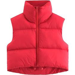 Fuinloth Women's High Stand Collar Lightweight Zip Crop Puffer Gilet - Red