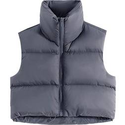 Fuinloth Women's High Stand Collar Lightweight Zip Crop Puffer Gilet - Charcoal