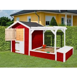 Weka Spielhaus 818 275 x 122 cm rot-weiß mit Sandkasten, Pergola, Truhe