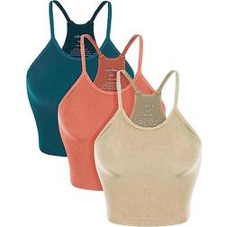 Ododos Washed Seamless Rib-Knit Camisole Crop Tank Tops - Beige/Coral/Teal