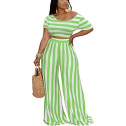 BffBaby Backless Short Sleeve Crop Top High Waist Wide Leg Long Pant Set - Green