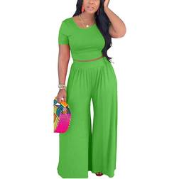 BffBaby Backless Short Sleeve Crop Top High Waist Wide Leg Long Pant Set - Green/Blue