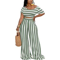 BffBaby Backless Short Sleeve Crop Top High Waist Wide Leg Long Pant Set - Dark Green