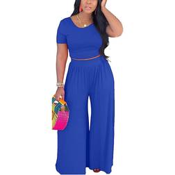 BffBaby Backless Short Sleeve Crop Top High Waist Wide Leg Long Pant Set - Blue