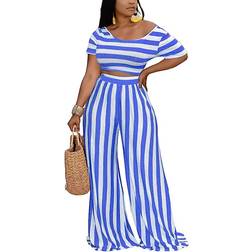 BffBaby Backless Short Sleeve Crop Top High Waist Wide Leg Long Pant Set - Blue