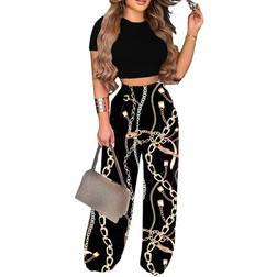 BffBaby Backless Short Sleeve Crop Top High Waist Wide Leg Long Pant Set - Black Chain