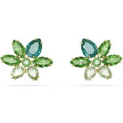 Swarovski Blommiga Örhängen - Gröna Kronblad/Rundskurna Kristaller/Guldfärgade