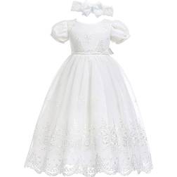 Glamulice Baby Girl's Christening Baptism Floral Embroidered Dress & Handmade Headband - Off White