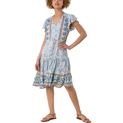 Roman Floral Border Print Tiered Dress - Aqua