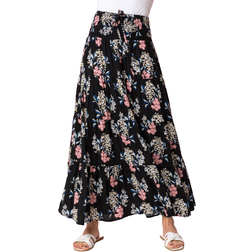 Roman Floral Shirred Waist Maxi Skirt - Black