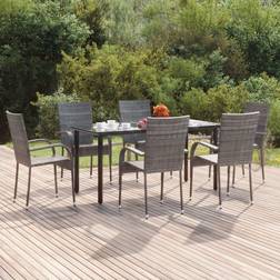 vidaXL Dining Set 7 Piece Rattan Gray Poly Rattan Ensemble repas de patio, 1 Table incluse 6 Chaises