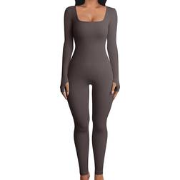 OQQ Ribbed Long Sleeve Sport Jumpsuits - Tea Leaf