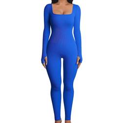 OQQ Ribbed Long Sleeve Sport Jumpsuits - Blue