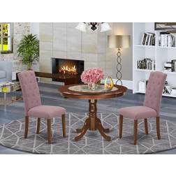 East West Furniture 3Pc Dinette Includes a Rounded Kitchen Table and Two Parson Chairs with Dahlia Fabric, Mahogany Finish