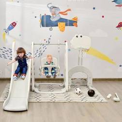 Goplus Toddlers' 6-in-1 Slide and Swing Set with Ball Games, White